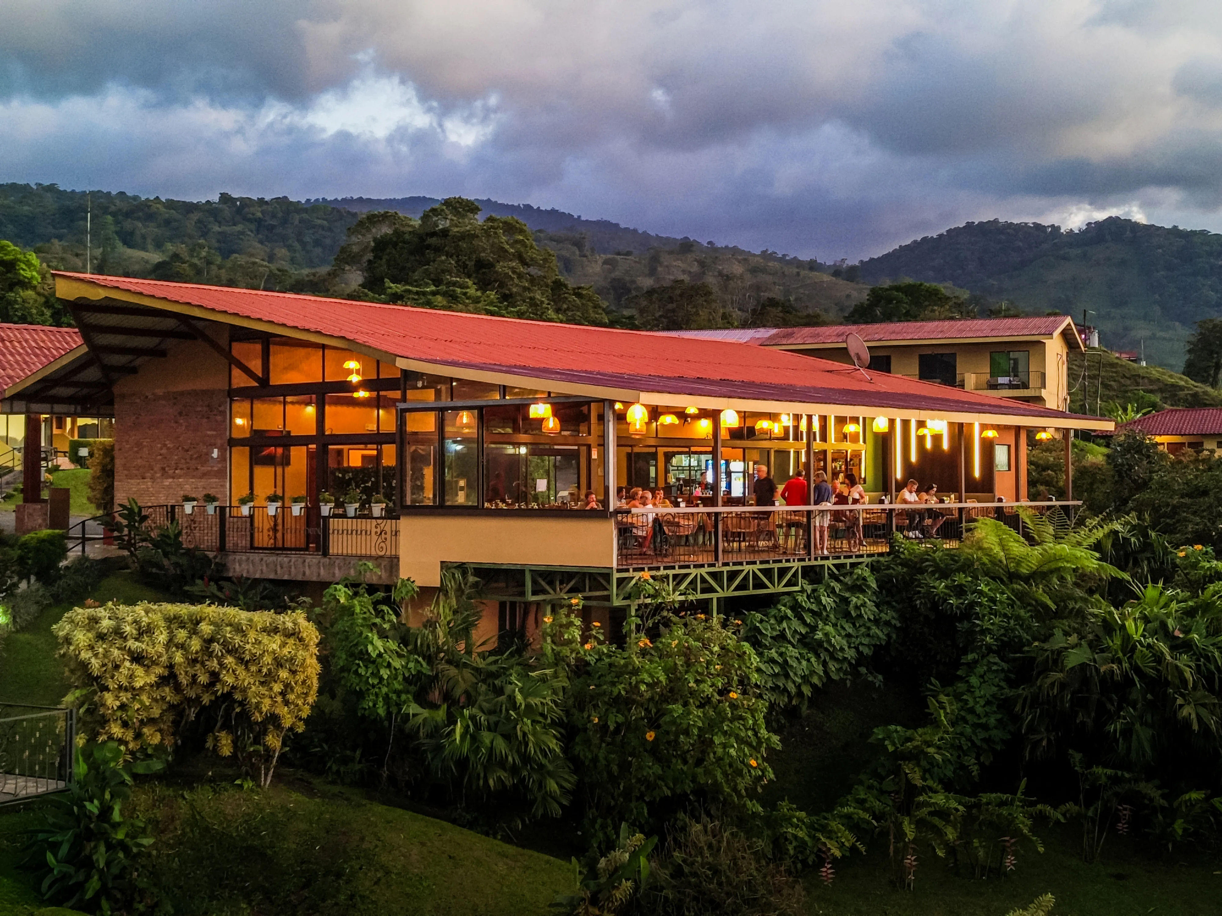 Open air dining terrace with Arenal Volcano views
